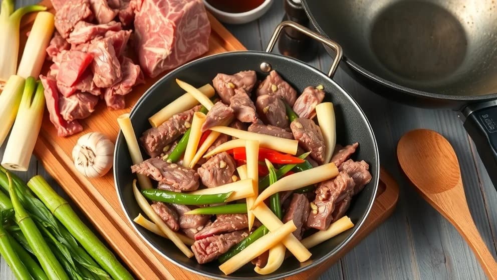 Biff med bambuskott som på restaurang