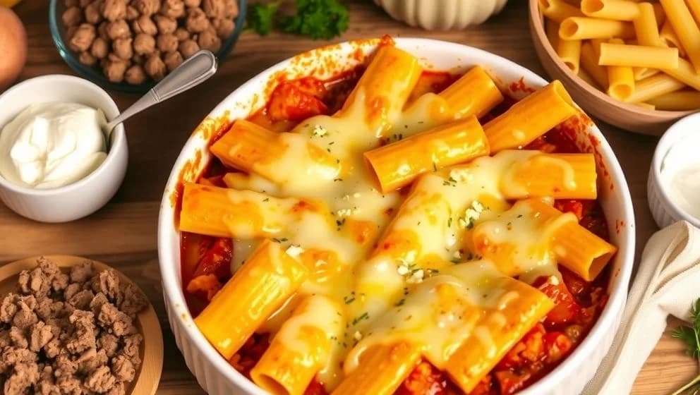 Köttfärs och pasta gratäng med crème fraîche