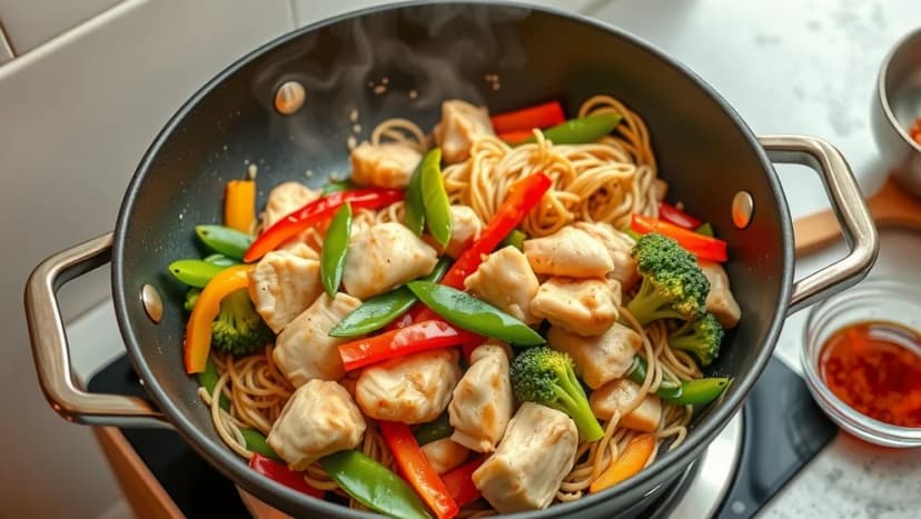 Kycklingwok med nudlar och grönsaker på 20 minuter
