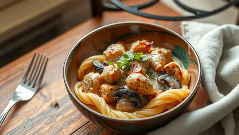 Pasta med kyckling och svamp som rätten för hemmet