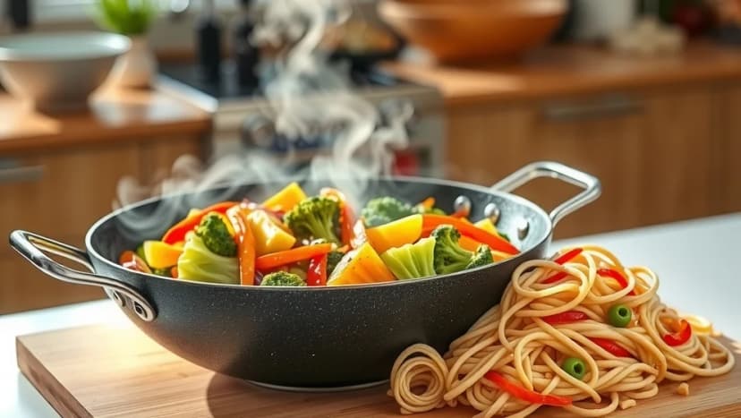 Wokade grönsaker med nudlar hemma