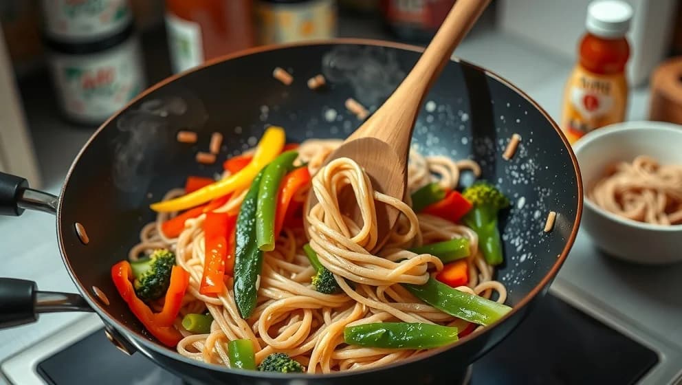 Hemgjorda wokade nudlar som på restaurang